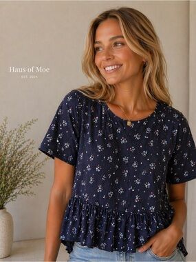 MANGO Dark Blue‎ Floral Blouse